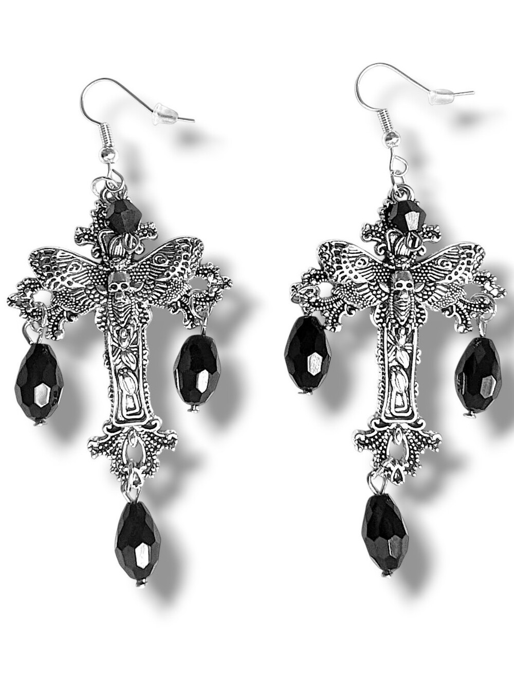 NWT Handmade Large Silver Death Moth Cross and Black Gemstone Earrings